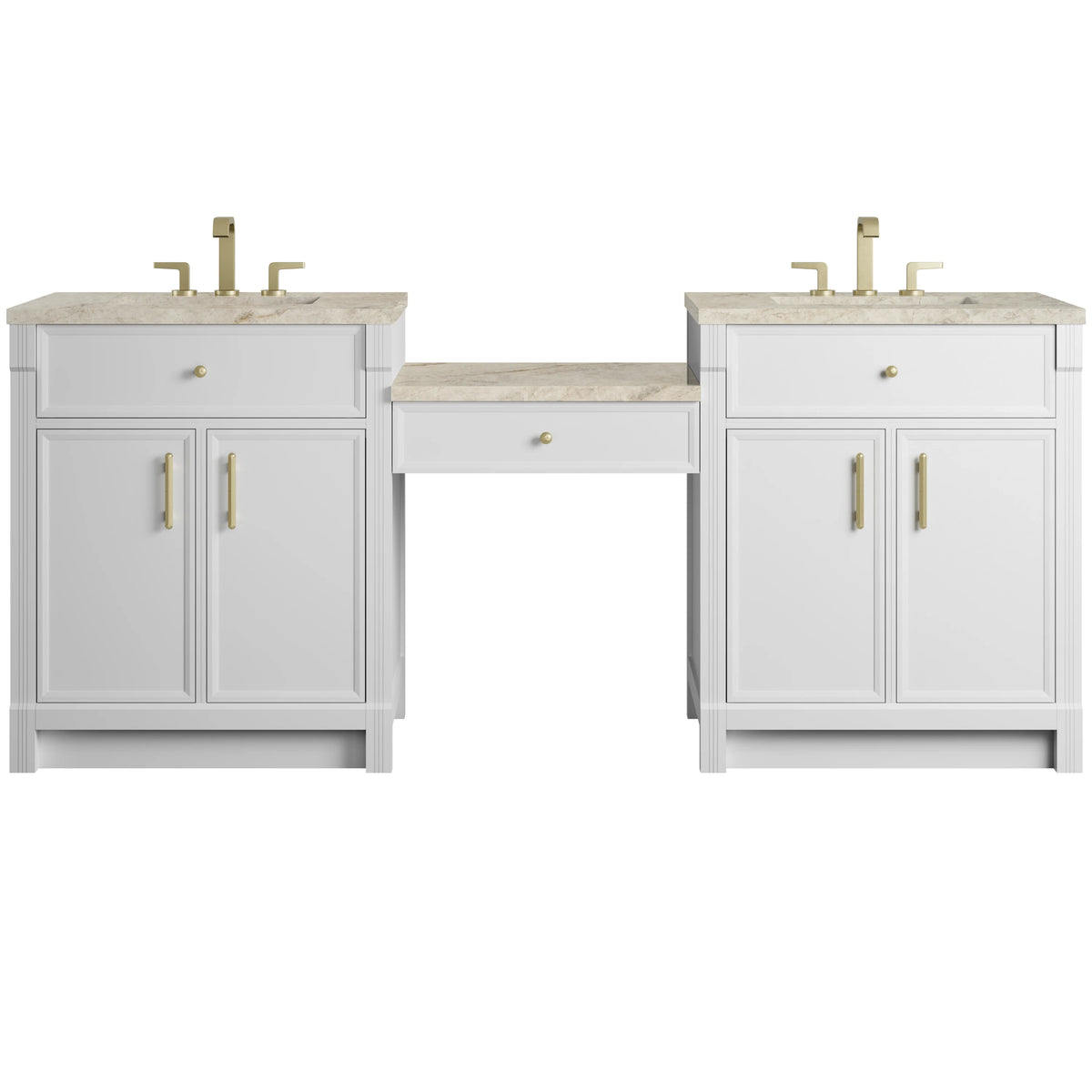 Bellshire 84" Dual Vanity Set with 24" Make-Up Counter, Bright White w/3 cm Tajnar Eclos Top