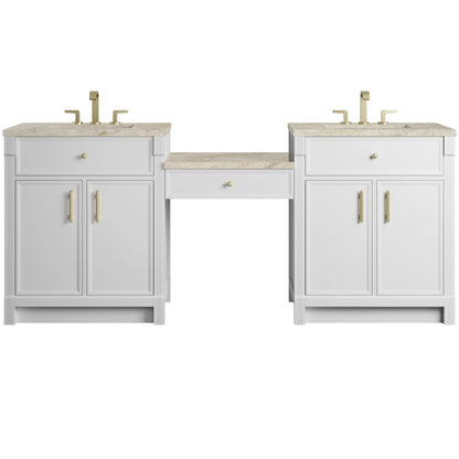 Bellshire 84" Dual Vanity Set with 24" Make-Up Counter, Bright White w/3 cm Tajnar Eclos Top