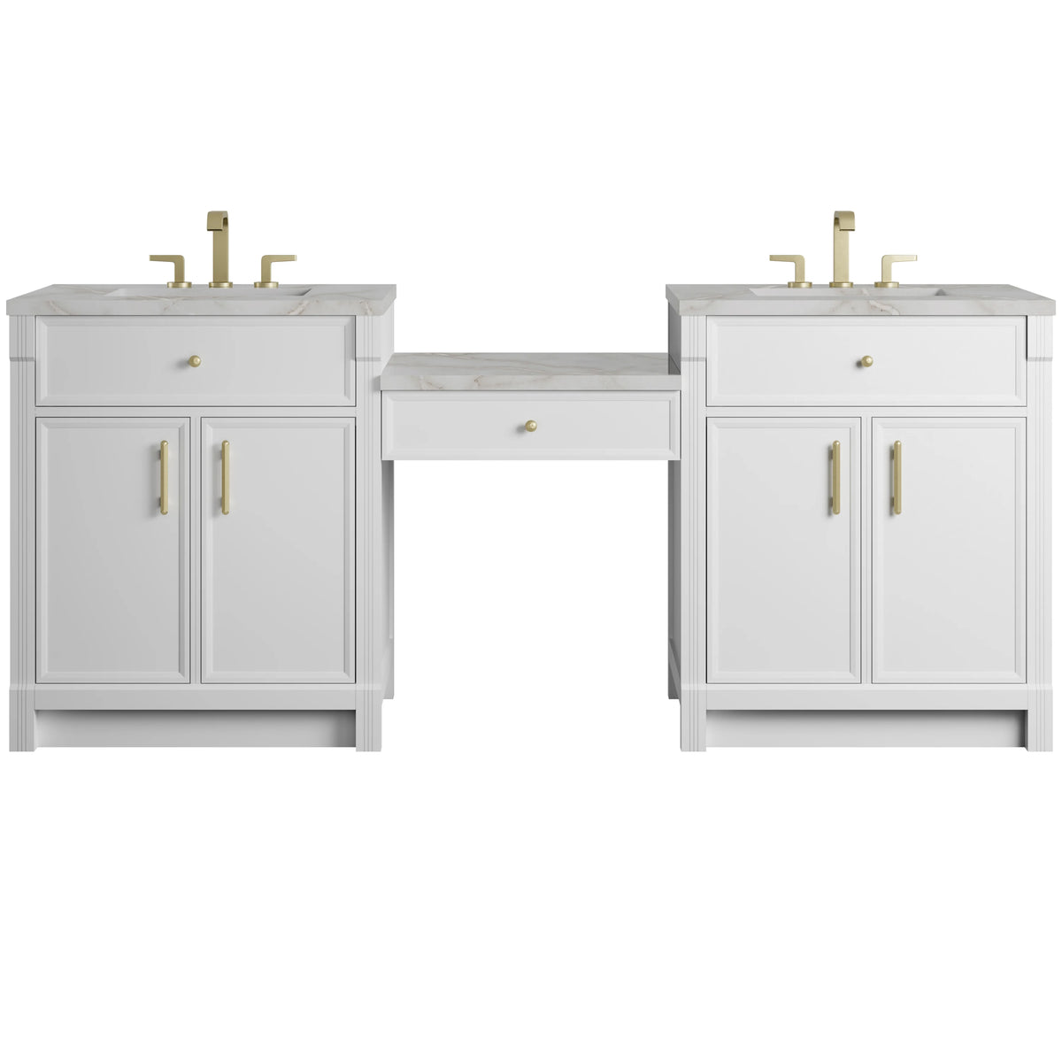 Bellshire 84" Dual Vanity Set with 24" Make-Up Counter, Bright White w/3 cm Victorian Silver Silestone Top