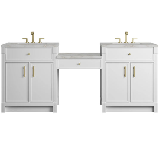 Bellshire 84" Dual Vanity Set with 24" Make-Up Counter, Bright White w/3 cm Victorian Silver Silestone Top
