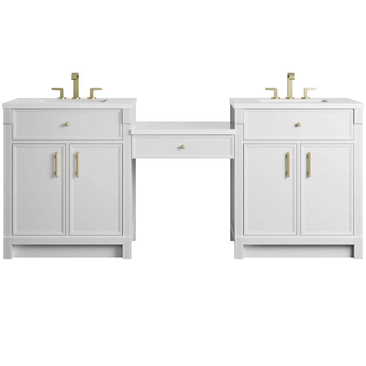 Bellshire 84" Dual Vanity Set with 24" Make-Up Counter, Bright White w/3 cm White Zeus Silestone Top