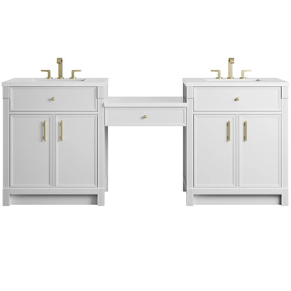 Bellshire 84" Dual Vanity Set with 24" Make-Up Counter, Bright White w/3 cm White Zeus Silestone Top