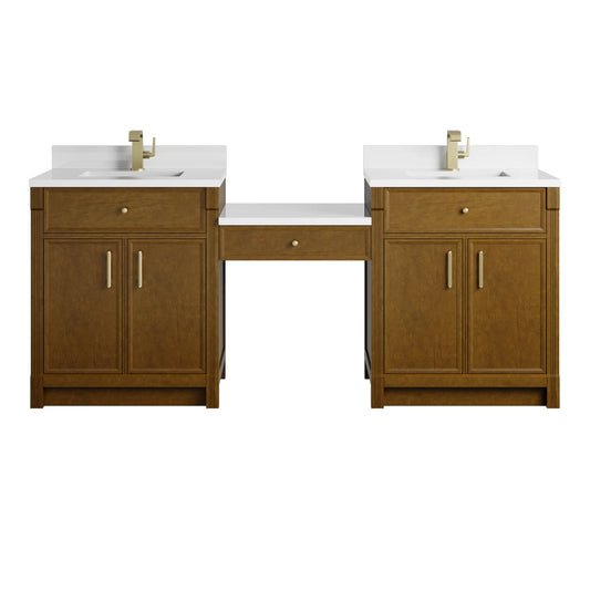Bellshire 84" Dual Vanity Set with 24" Make-Up Counter, Honey Oak w/Single Hole 3 cm White Zeus Silestone Top & Backspl