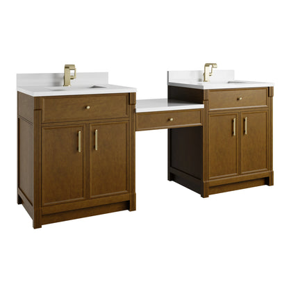 Bellshire 84" Dual Vanity Set with 24" Make-Up Counter, Honey Oak w/Single Hole 3 cm White Zeus Silestone Top &, view 6