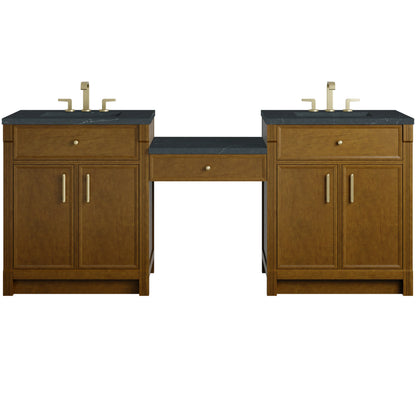 Bellshire 84" Dual Vanity Set with 24" Make-Up Counter, Honey Oak w/3 cm Charcoal Soapstone Silestone Top