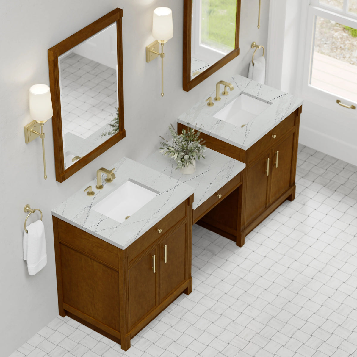 Bellshire 84" Dual Vanity Set with 24" Make-Up Counter, Honey Oak w/3 cm Ethereal Noctis Silestone Top, view 4
