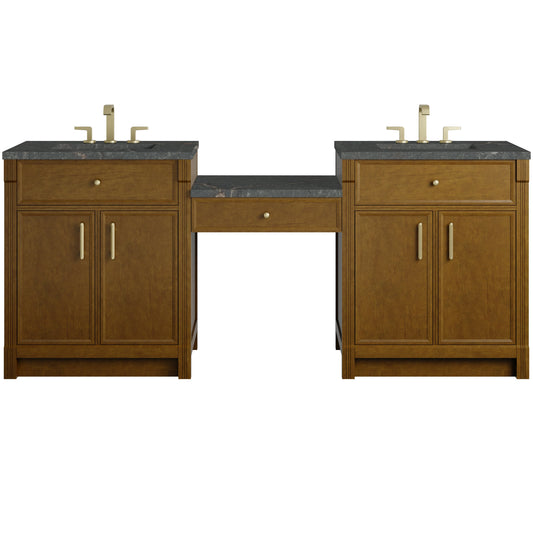 Bellshire 84" Dual Vanity Set with 24" Make-Up Counter, Honey Oak w/3 cm Parisien Bleu Silestone Top