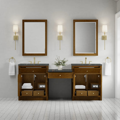 Bellshire 84" Dual Vanity Set with 24" Make-Up Counter, Honey Oak w/3 cm Parisien Bleu Silestone Top, view 3