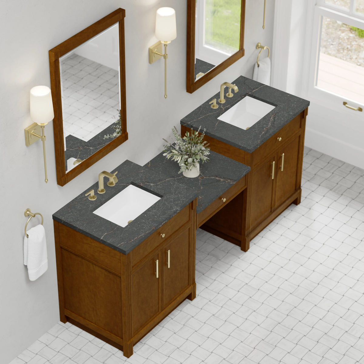 Bellshire 84" Dual Vanity Set with 24" Make-Up Counter, Honey Oak w/3 cm Parisien Bleu Silestone Top, view 4