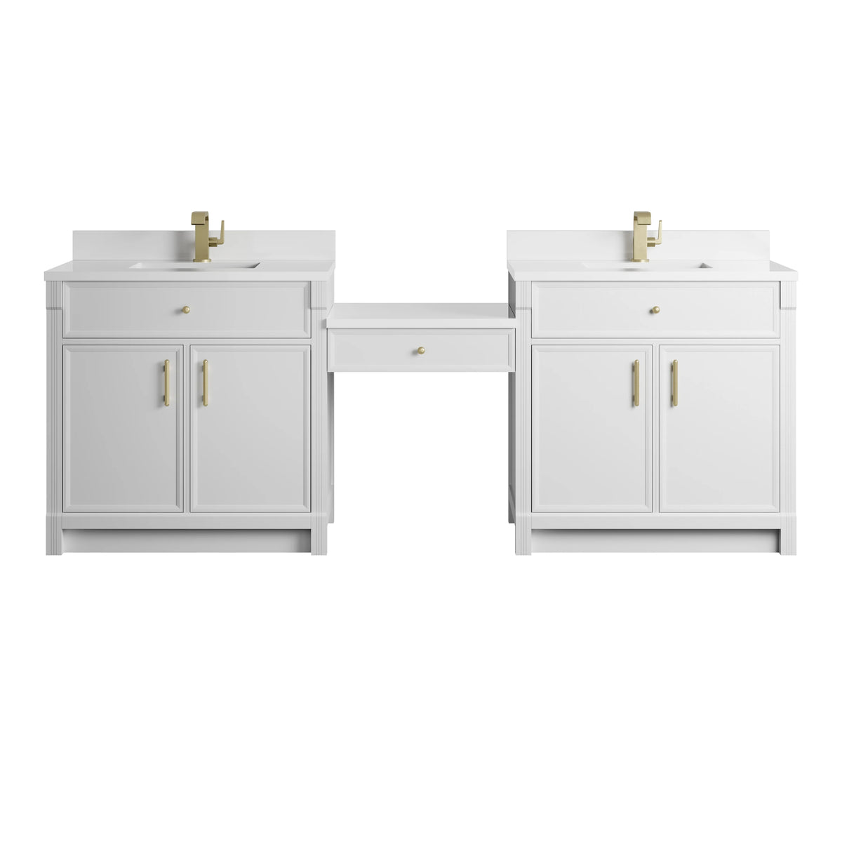 Bellshire 96" Dual Vanity Set with 24" Make-Up Counter, Bright White w/Single Hole 3 cm White Zeus Silestone Top & Back