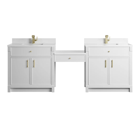 Bellshire 96" Dual Vanity Set with 24" Make-Up Counter, Bright White w/Single Hole 3 cm White Zeus Silestone Top & Back