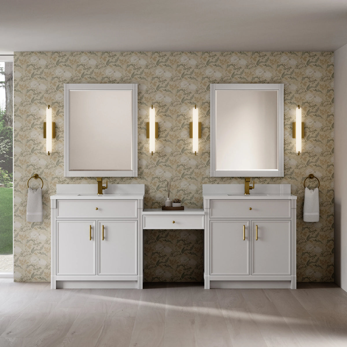 Bellshire 96" Dual Vanity Set with 24" Make-Up Counter, Bright White w/Single Hole 3 cm White Zeus Silestone To, view 2