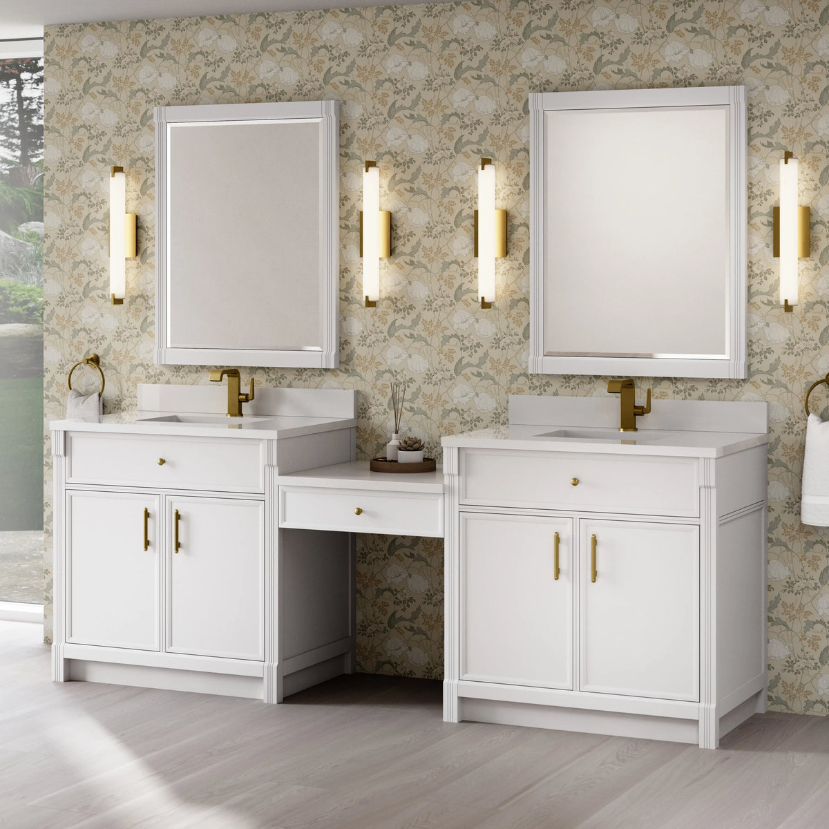 Bellshire 96" Dual Vanity Set with 24" Make-Up Counter, Bright White w/Single Hole 3 cm White Zeus Silestone To, view 3