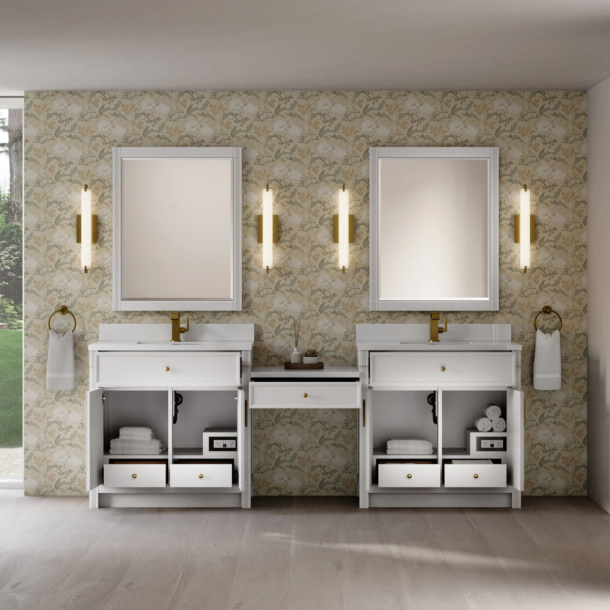 Bellshire 96" Dual Vanity Set with 24" Make-Up Counter, Bright White w/Single Hole 3 cm White Zeus Silestone To, view 4