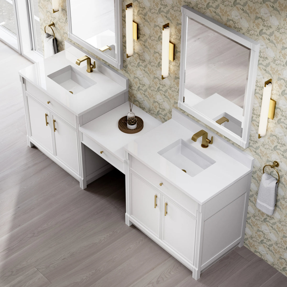 Bellshire 96" Dual Vanity Set with 24" Make-Up Counter, Bright White w/Single Hole 3 cm White Zeus Silestone To, view 5