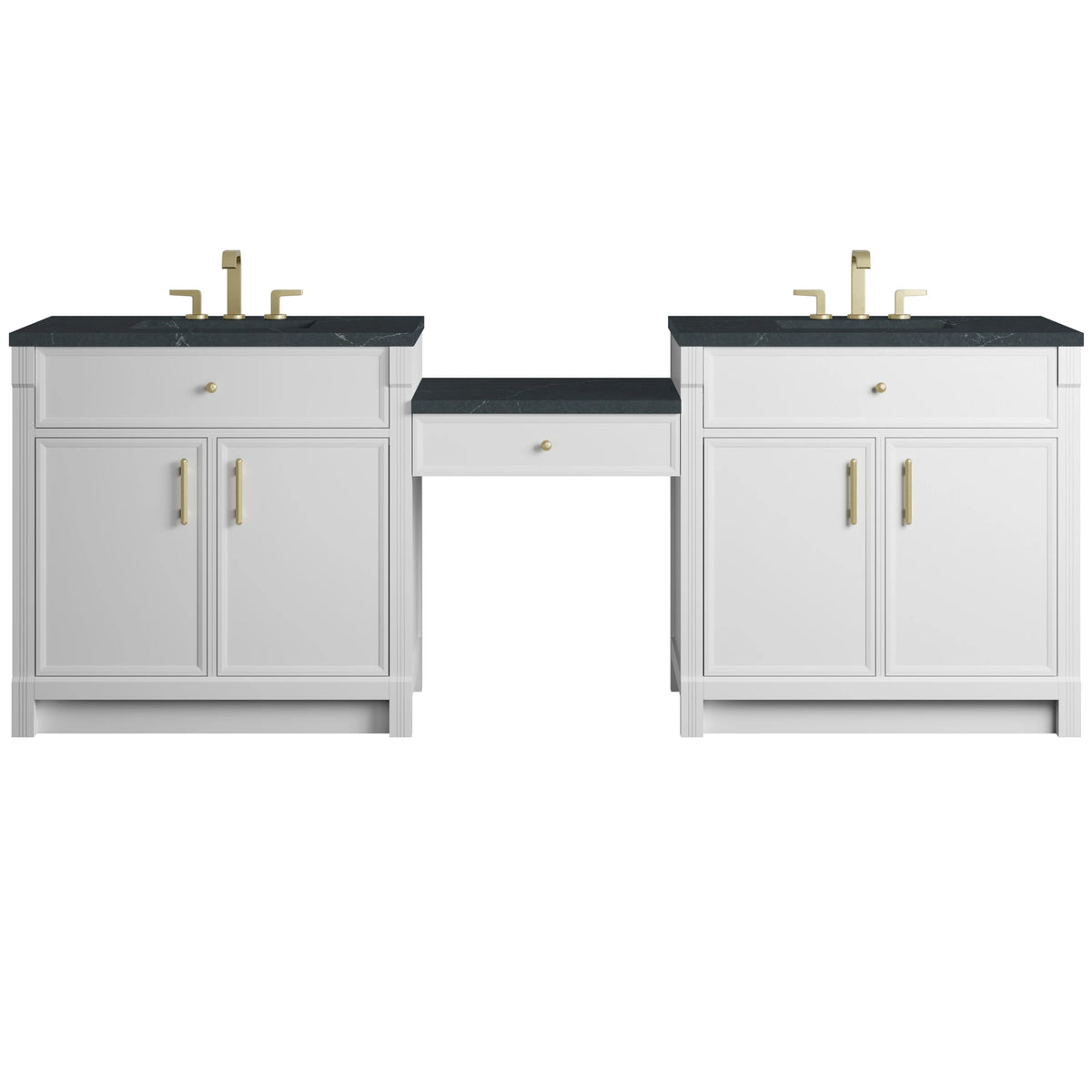 Bellshire 96" Dual Vanity Set with 24" Make-Up Counter, Bright White w/3 cm Charcoal Soapstone Silestone Top
