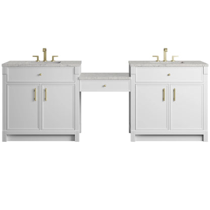 Bellshire 96" Dual Vanity Set with 24" Make-Up Counter, Bright White w/3 cm Eternal Jasmine Pearl Silestone Top