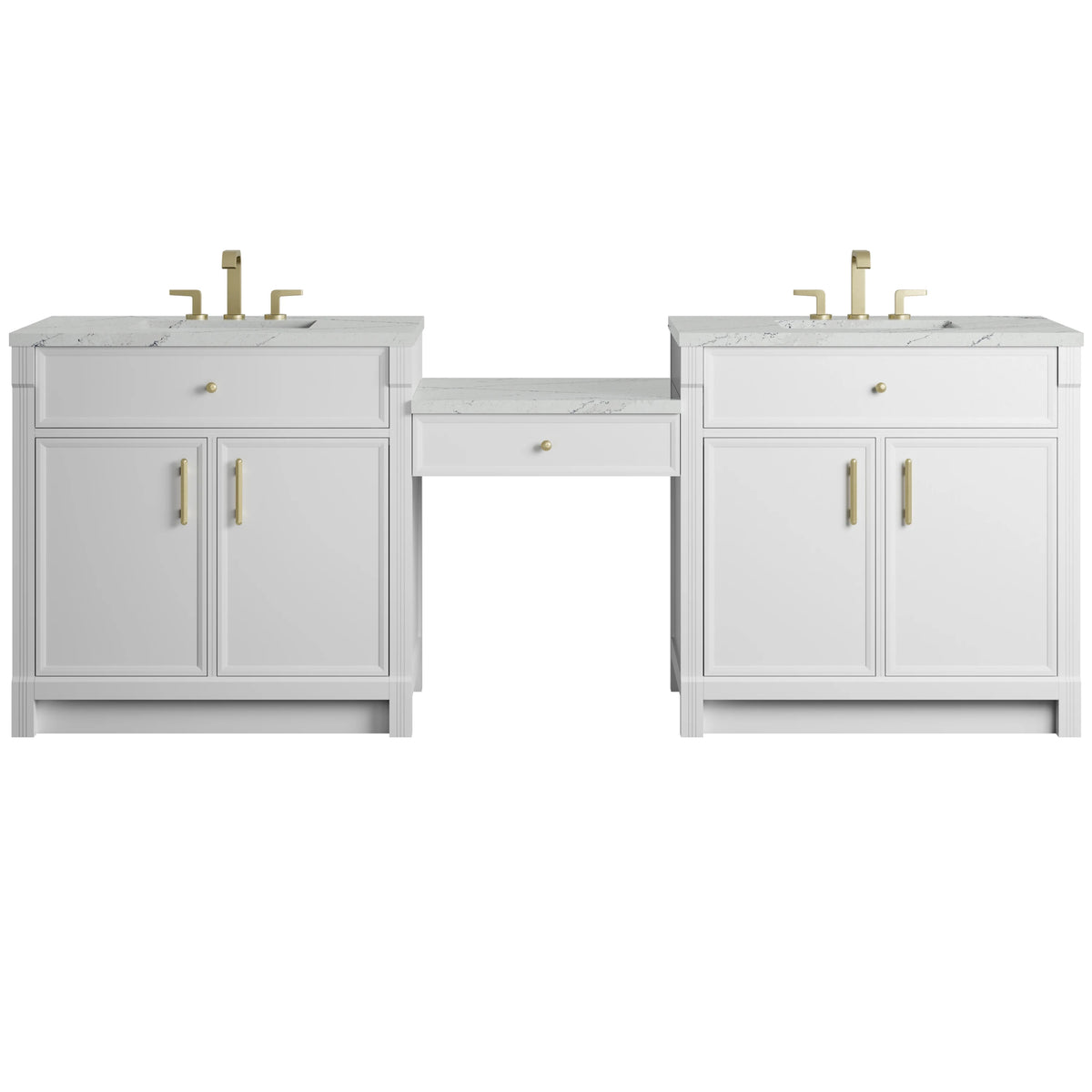 Bellshire 96" Dual Vanity Set with 24" Make-Up Counter, Bright White w/3 cm Ethereal Noctis Silestone Top