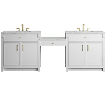 Bellshire 96" Dual Vanity Set with 24" Make-Up Counter, Bright White w/3 cm Ethereal Noctis Silestone Top