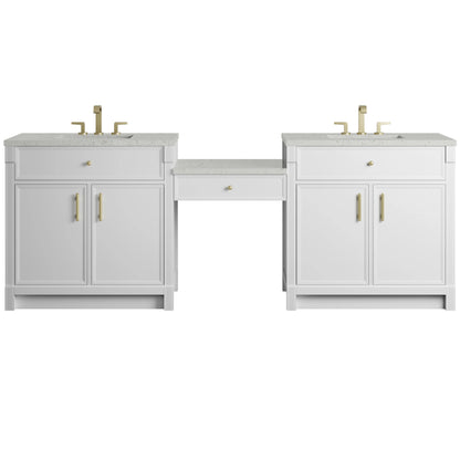 Bellshire 96" Dual Vanity Set with 24" Make-Up Counter, Bright White w/3 cm Lime Delight Silestone Top