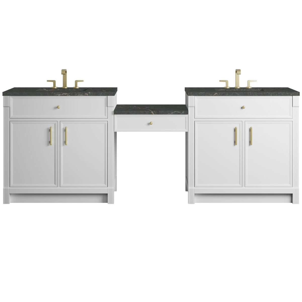 Bellshire 96" Dual Vanity Set with 24" Make-Up Counter, Bright White w/3 cm Parisien Bleu Silestone Top