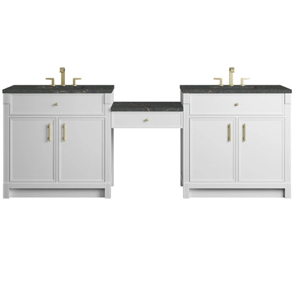 Bellshire 96" Dual Vanity Set with 24" Make-Up Counter, Bright White w/3 cm Parisien Bleu Silestone Top