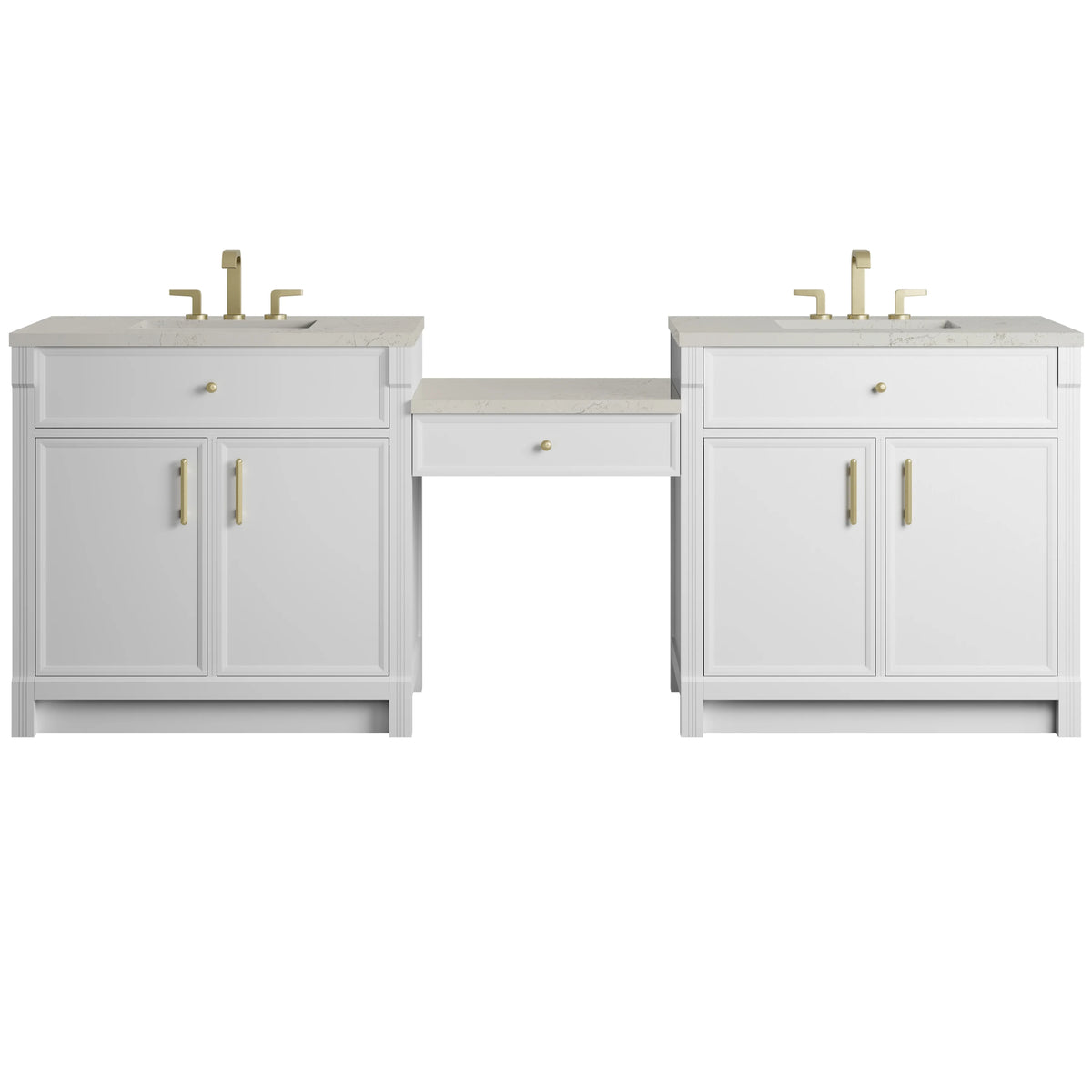 Bellshire 96" Dual Vanity Set with 24" Make-Up Counter, Bright White w/3 cm Siberian Silestone Top