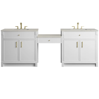 Bellshire 96" Dual Vanity Set with 24" Make-Up Counter, Bright White w/3 cm Siberian Silestone Top