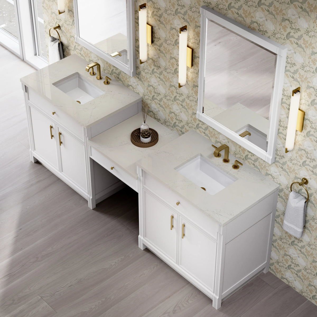 Bellshire 96" Dual Vanity Set with 24" Make-Up Counter, Bright White w/3 cm Siberian Silestone Top, view 4