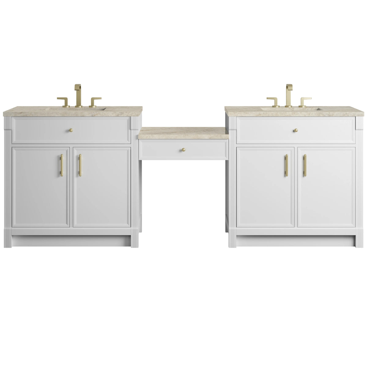 Bellshire 96" Dual Vanity Set with 24" Make-Up Counter, Bright White w/3 cm Tajnar Eclos Top