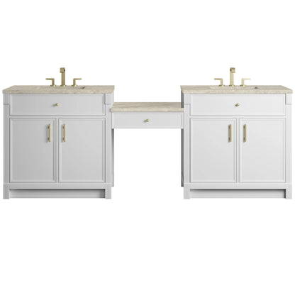 Bellshire 96" Dual Vanity Set with 24" Make-Up Counter, Bright White w/3 cm Tajnar Eclos Top