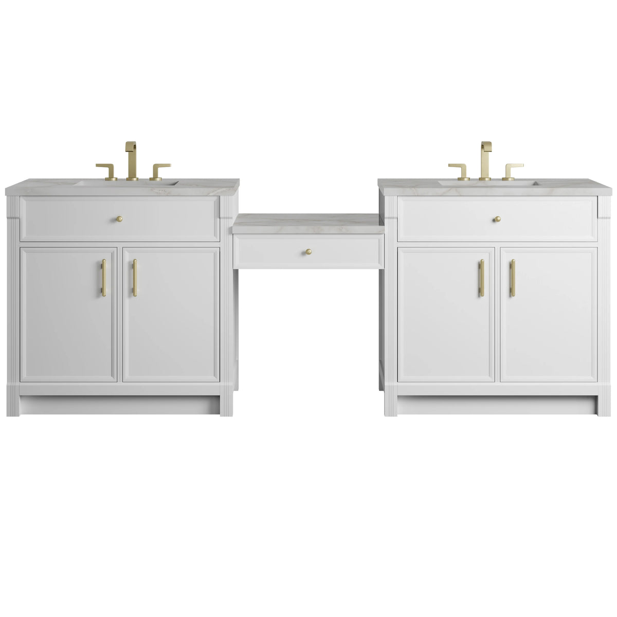 Bellshire 96" Dual Vanity Set with 24" Make-Up Counter, Bright White w/3 cm Victorian Silver Silestone Top