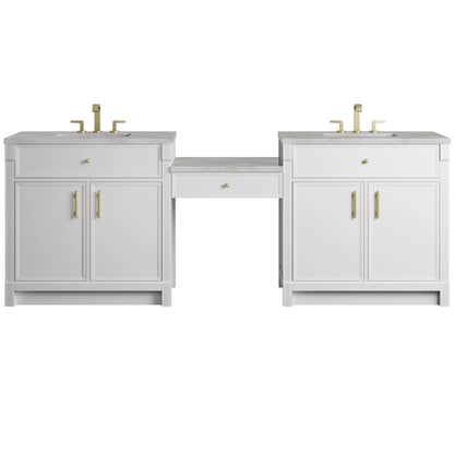Bellshire 96" Dual Vanity Set with 24" Make-Up Counter, Bright White w/3 cm Victorian Silver Silestone Top