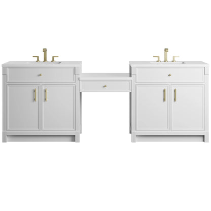 Bellshire 96" Dual Vanity Set with 24" Make-Up Counter, Bright White w/3 cm White Zeus Silestone Top