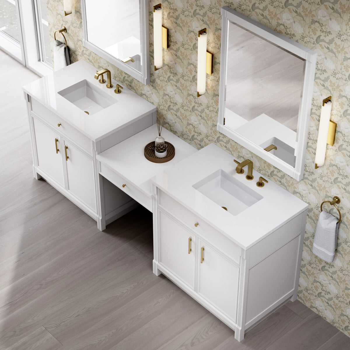 Bellshire 96" Dual Vanity Set with 24" Make-Up Counter, Bright White w/3 cm White Zeus Silestone Top, view 4