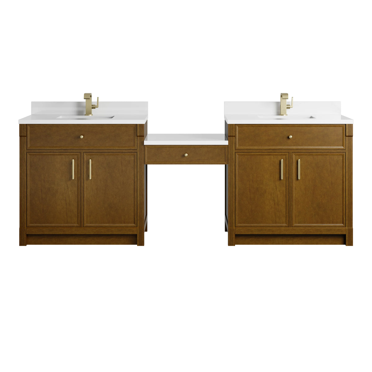 Bellshire 96" Dual Vanity Set with 24" Make-Up Counter, Honey Oak w/Single Hole 3 cm White Zeus Silestone Top & Backspl