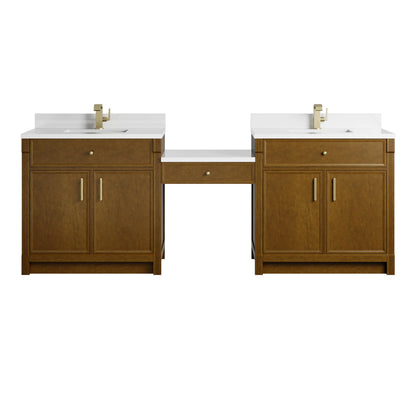Bellshire 96" Dual Vanity Set with 24" Make-Up Counter, Honey Oak w/Single Hole 3 cm White Zeus Silestone Top & Backspl