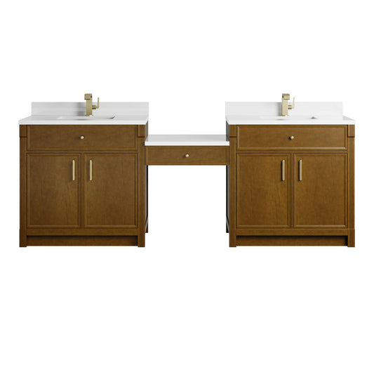 Bellshire 96" Dual Vanity Set with 24" Make-Up Counter, Honey Oak w/Single Hole 3 cm White Zeus Silestone Top & Backspl