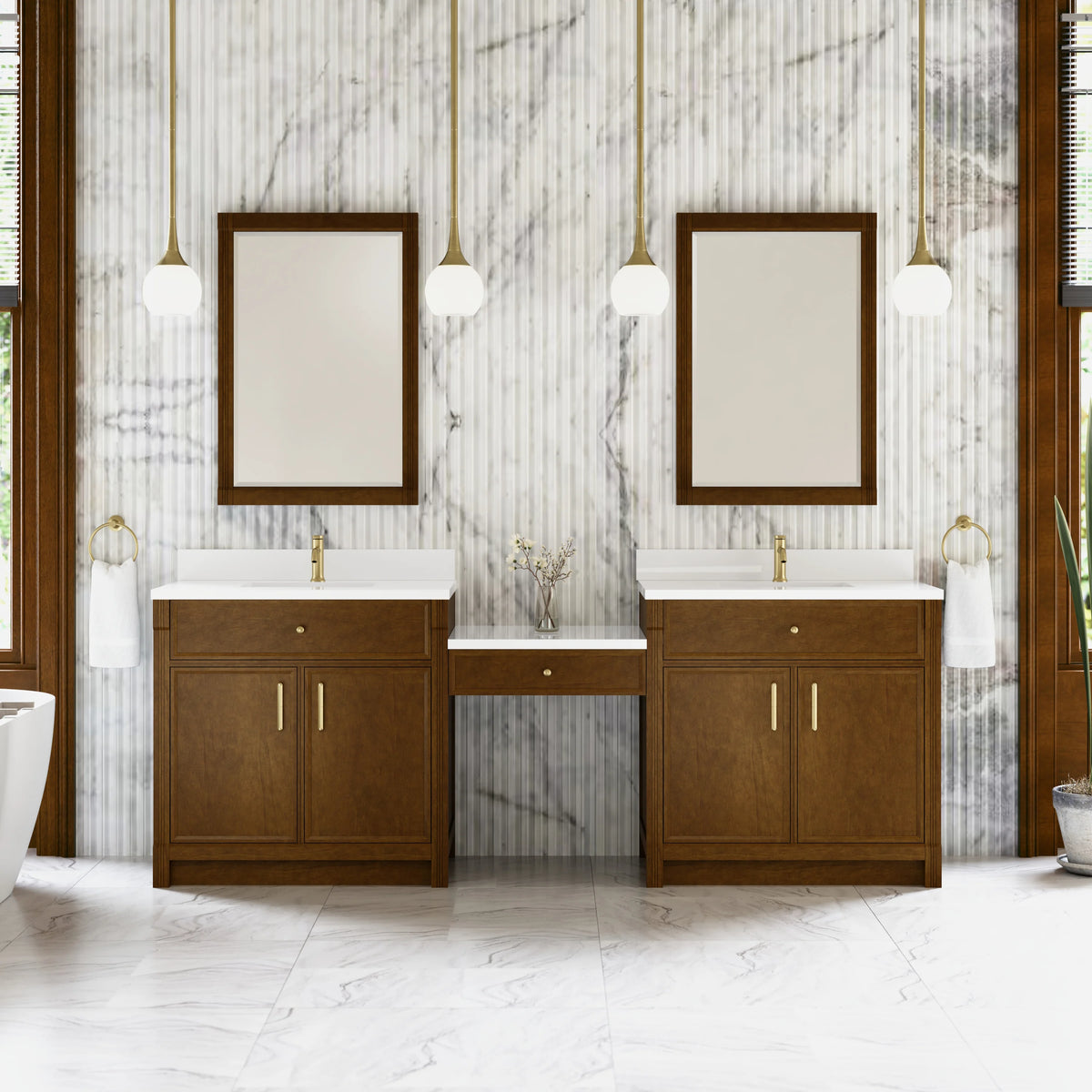 Bellshire 96" Dual Vanity Set with 24" Make-Up Counter, Honey Oak w/Single Hole 3 cm White Zeus Silestone Top &, view 2