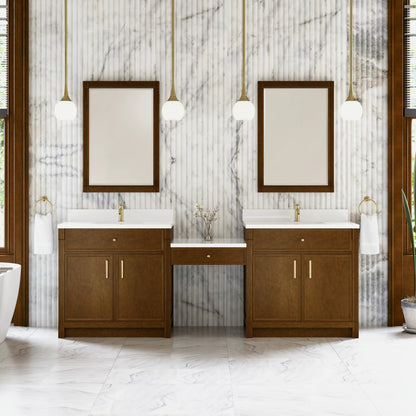 Bellshire 96" Dual Vanity Set with 24" Make-Up Counter, Honey Oak w/Single Hole 3 cm White Zeus Silestone Top &, view 2