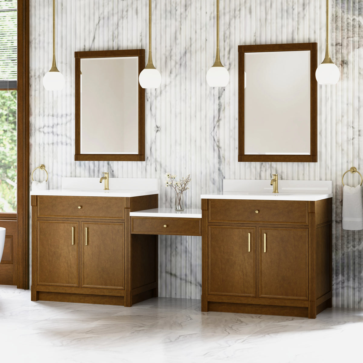 Bellshire 96" Dual Vanity Set with 24" Make-Up Counter, Honey Oak w/Single Hole 3 cm White Zeus Silestone Top &, view 3