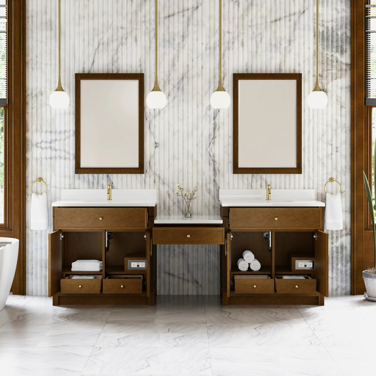 Bellshire 96" Dual Vanity Set with 24" Make-Up Counter, Honey Oak w/Single Hole 3 cm White Zeus Silestone Top &, view 4