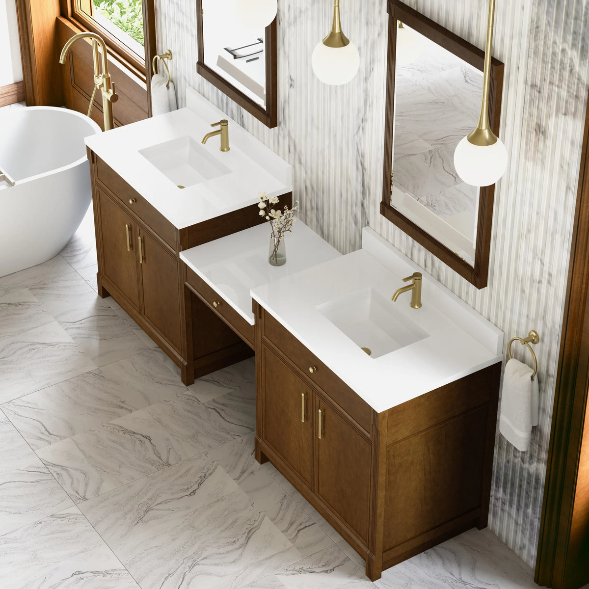 Bellshire 96" Dual Vanity Set with 24" Make-Up Counter, Honey Oak w/Single Hole 3 cm White Zeus Silestone Top &, view 5