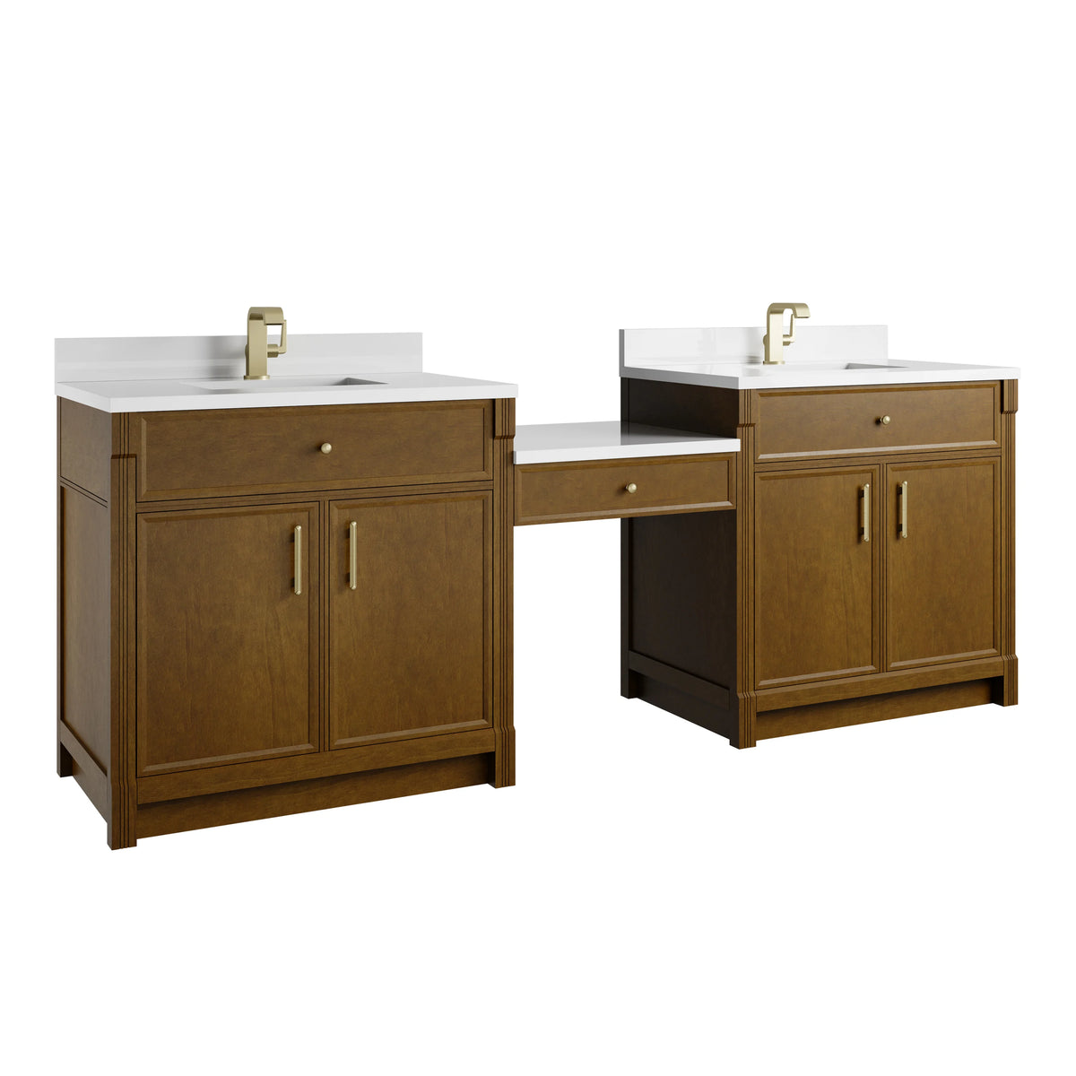 Bellshire 96" Dual Vanity Set with 24" Make-Up Counter, Honey Oak w/Single Hole 3 cm White Zeus Silestone Top &, view 6