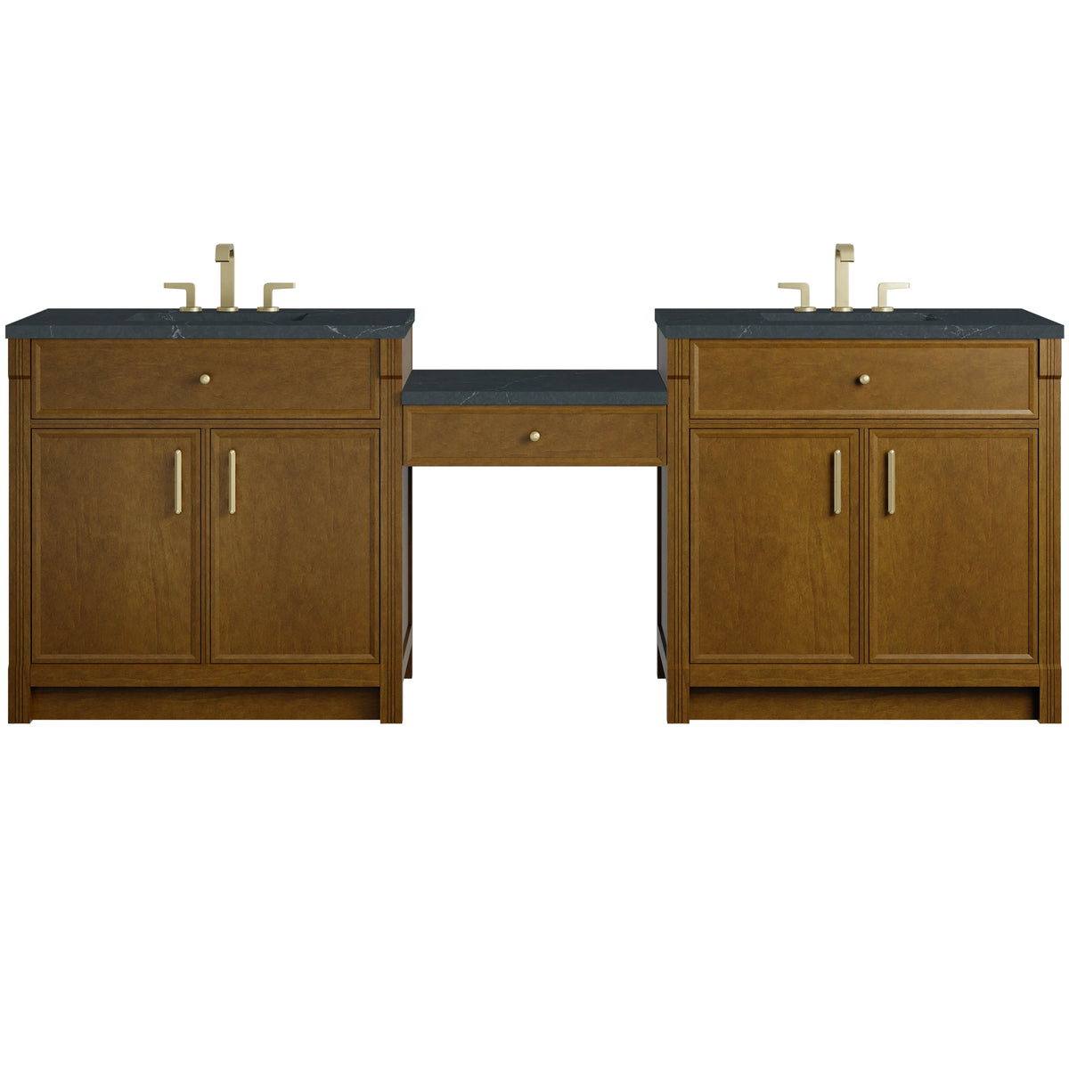 Bellshire 96" Dual Vanity Set with 24" Make-Up Counter, Honey Oak w/3 cm Charcoal Soapstone Silestone Top