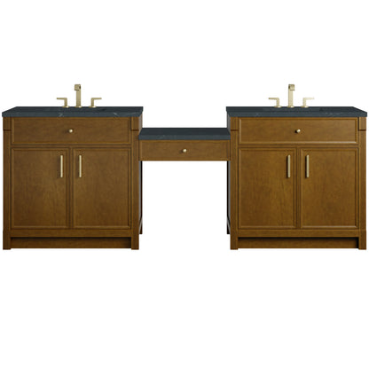 Bellshire 96" Dual Vanity Set with 24" Make-Up Counter, Honey Oak w/3 cm Charcoal Soapstone Silestone Top