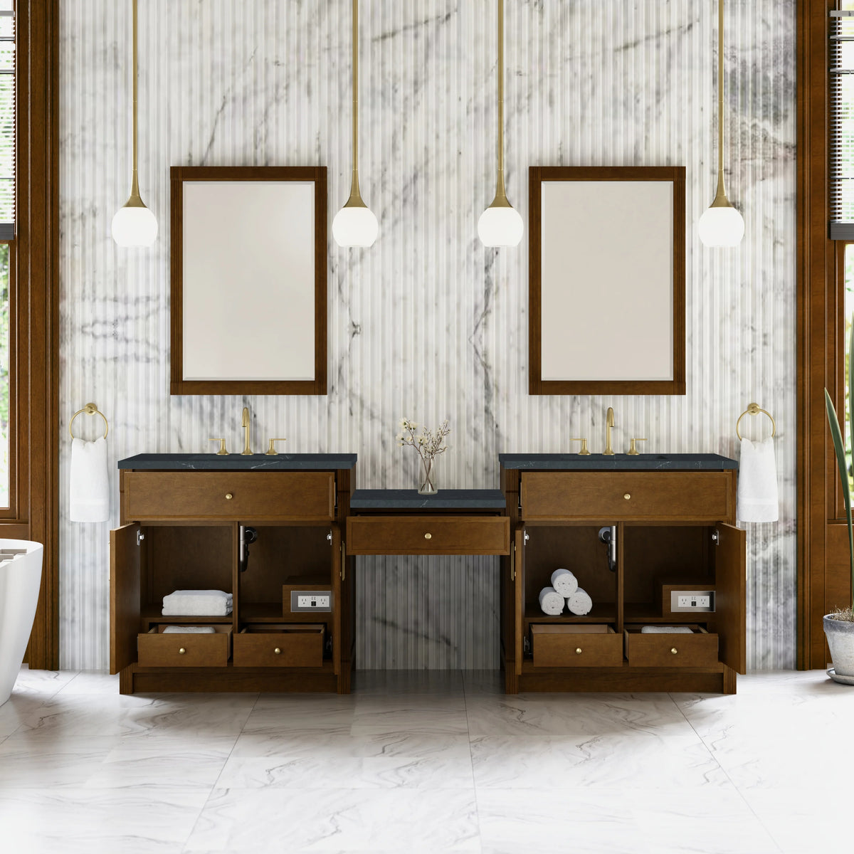 Bellshire 96" Dual Vanity Set with 24" Make-Up Counter, Honey Oak w/3 cm Charcoal Soapstone Silestone Top, view 3
