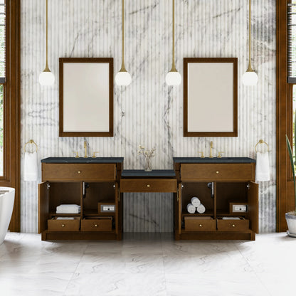 Bellshire 96" Dual Vanity Set with 24" Make-Up Counter, Honey Oak w/3 cm Charcoal Soapstone Silestone Top, view 3