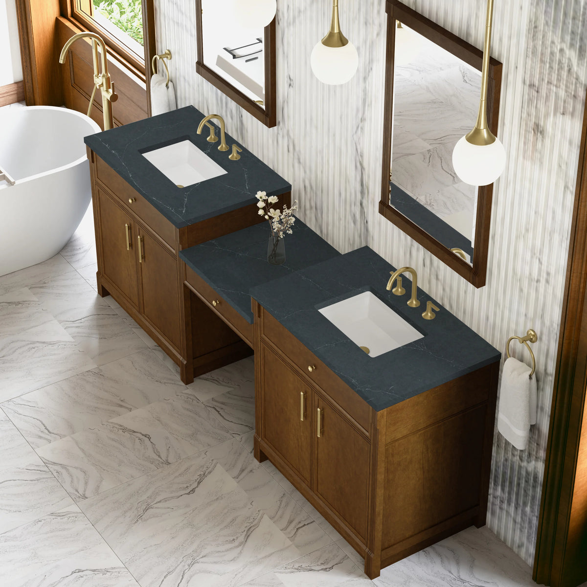Bellshire 96" Dual Vanity Set with 24" Make-Up Counter, Honey Oak w/3 cm Charcoal Soapstone Silestone Top, view 4