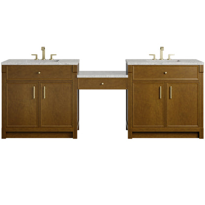 Bellshire 96" Dual Vanity Set with 24" Make-Up Counter, Honey Oak w/3 cm Eternal Jasmine Pearl Silestone Top